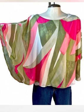 Chico's Pink and Olive Mixed-Print Top